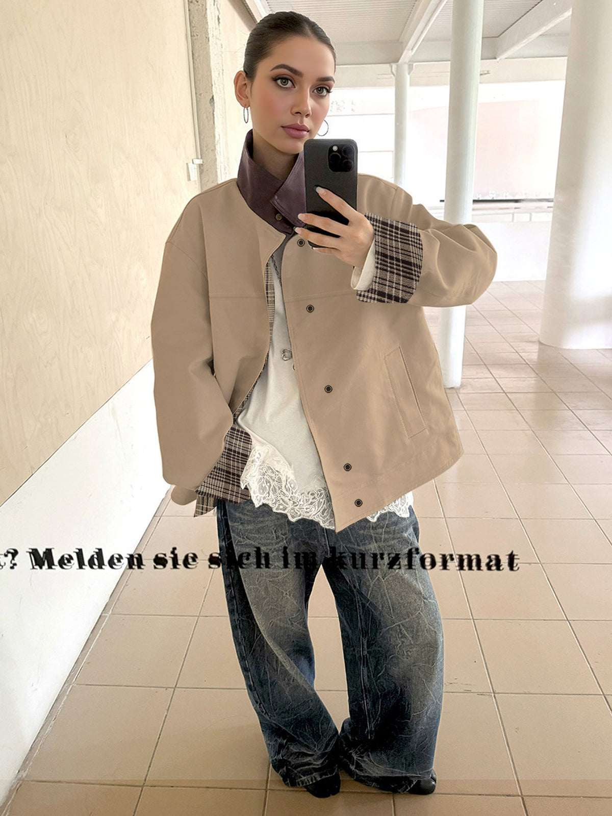 Stand Collar Contrast Color Plaid Print Coat GYXN 204534