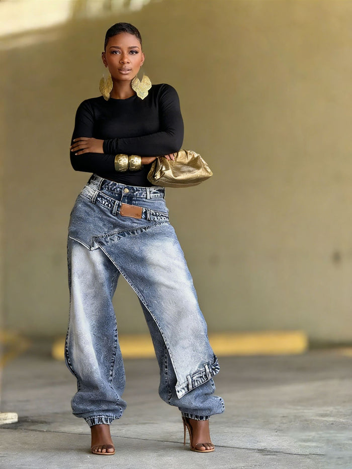Plus Size Fashion Irregular Washed Loose Jeans GYLN 4901