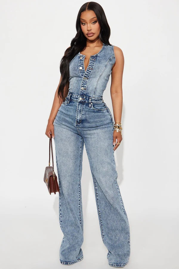 Denim Sleeveless Wide Leg Jumpsuit LX 6075