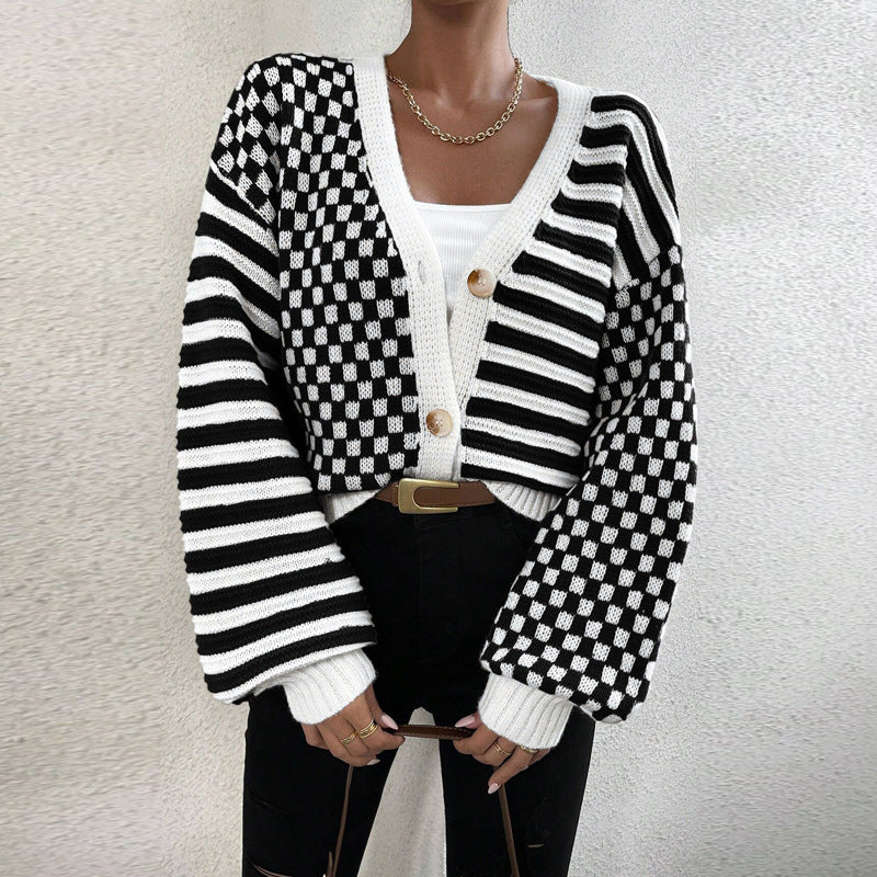 Plaid Patchwork Stripe Knits Coats GDAM 1027