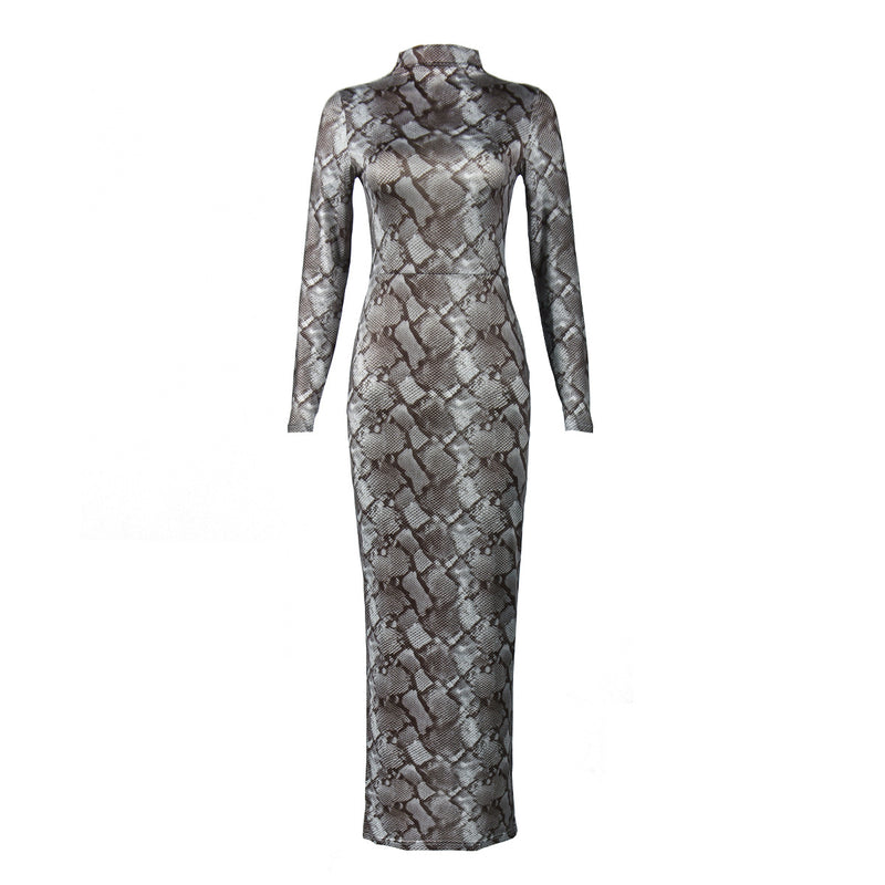 Retro Snake Patterned Ice Silk Maxi Dress GNZD 11814