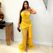 Lace Patchwork Halterneck Split Maxi Dress GDSF D26DS201