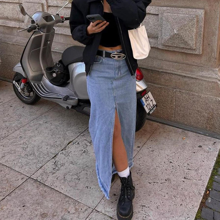 Fashion Loose Split Denim Long Skirt GKNF TS 3415