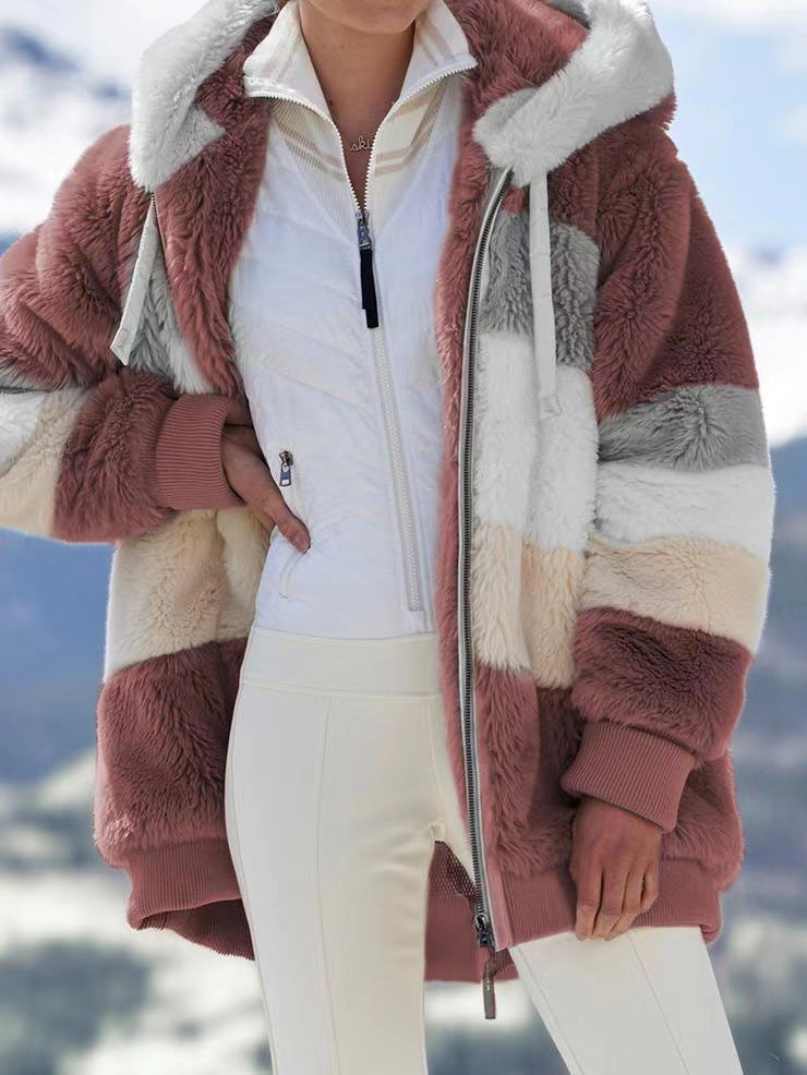 Plus Size Warm Plush Patchwork Zipper Hooded Loose Jacket GOFY 80160