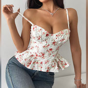 Floral Print Irregular Ruffled Backless Bustier Tank Tops GOMN 71027