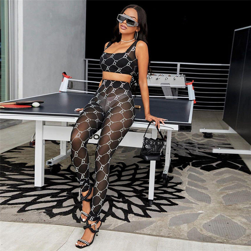 Sexy Printed Mesh See Through Tank Top And Pants 2 Piece Sets XEF 10381