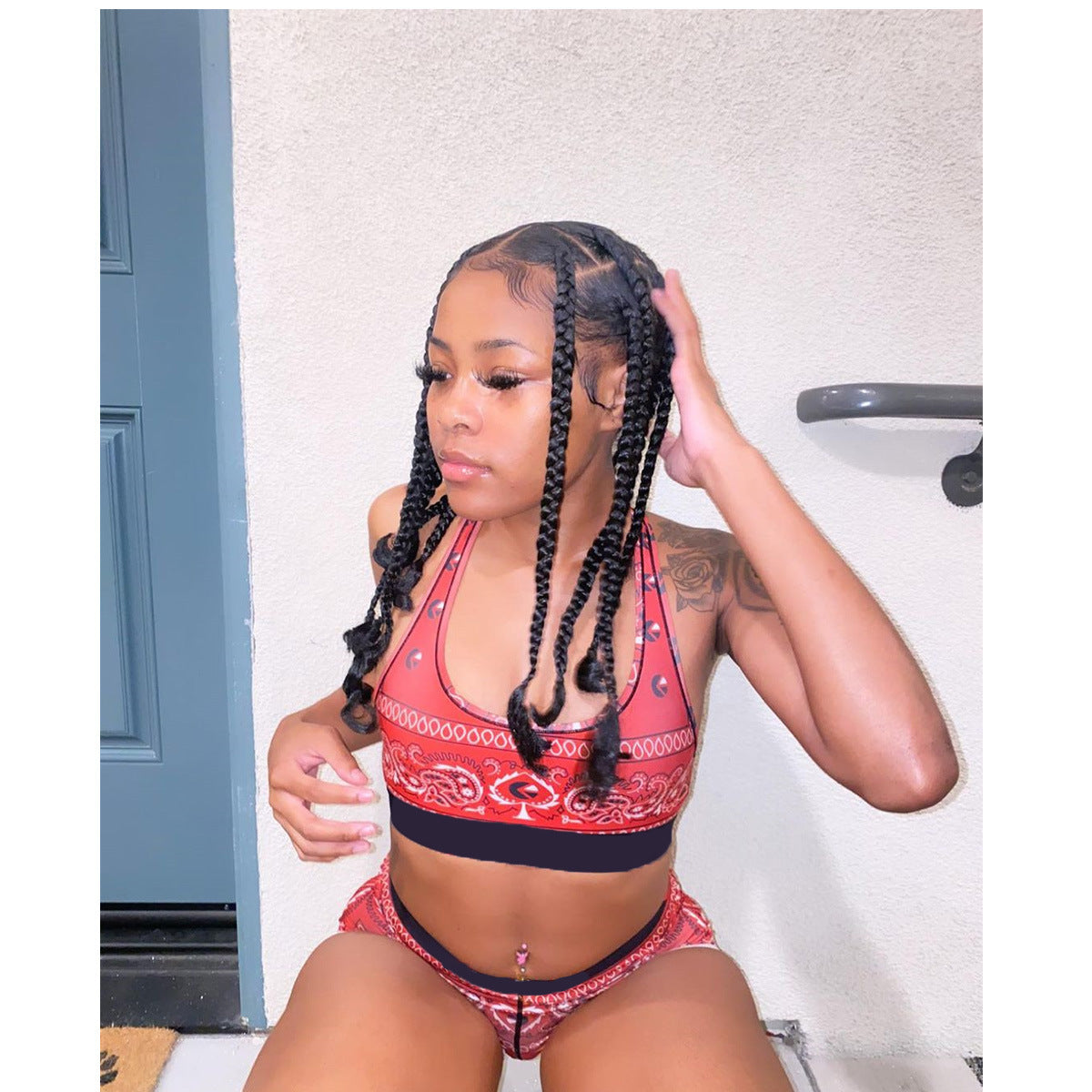 Print Vest Shorts Yoga Two Piece Set QXTF 8852