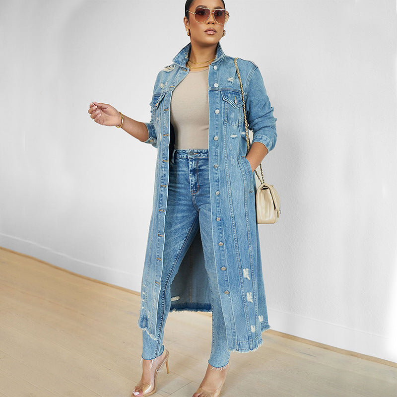 Fashion Long Sleeve Lapel Loose Denim Long Coat GQDH 2328