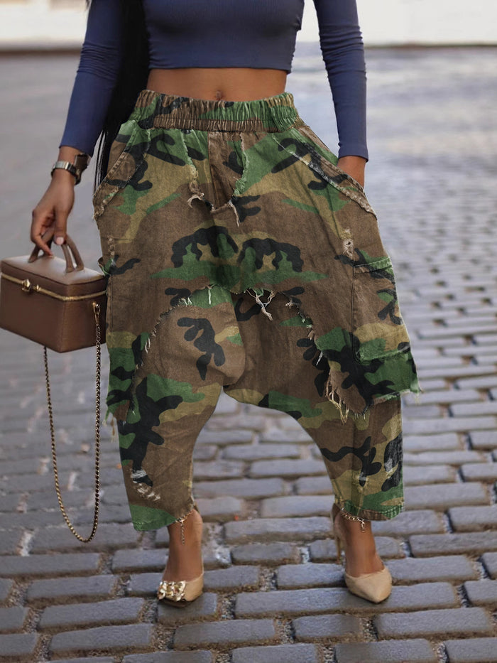 Print Holes Loose Harem Pants SH 391435
