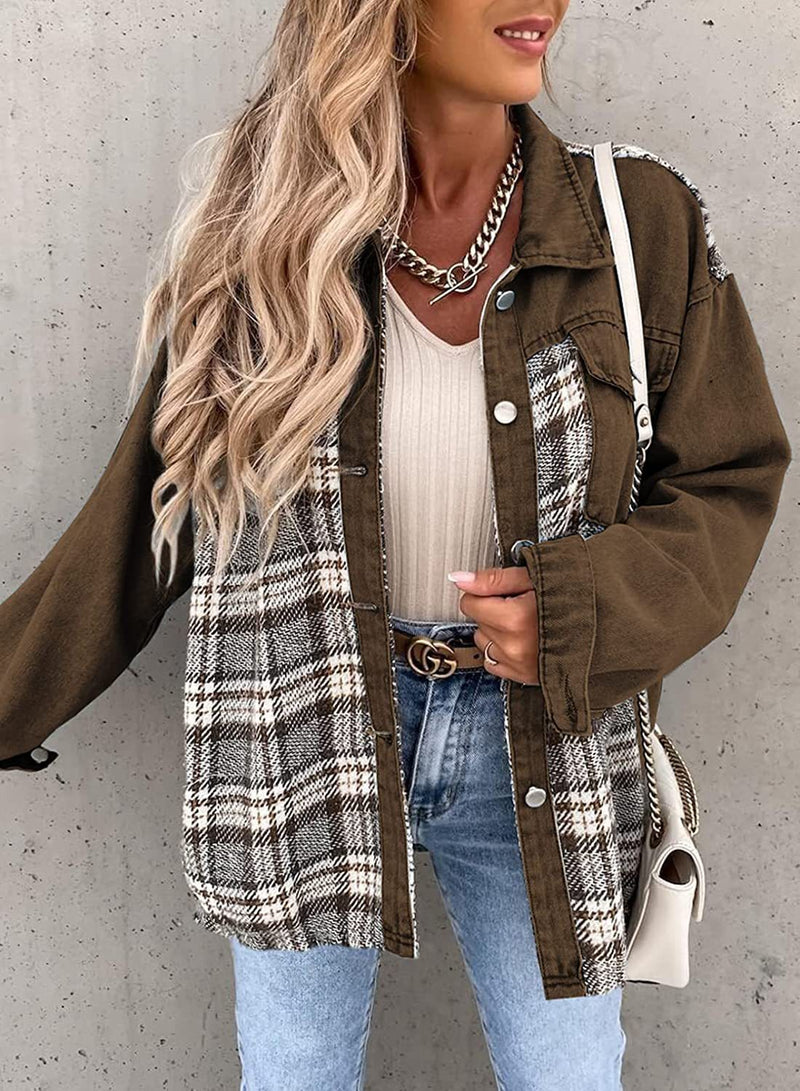 Denim Long Sleeve Plaid Shirt Jacket GOFY W220239