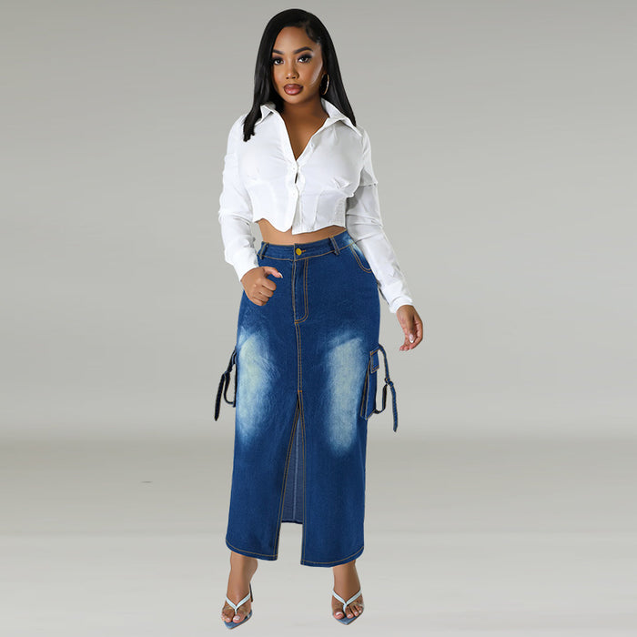 Plus Size Pockets Split Denim Long Skirt GDAM 218632