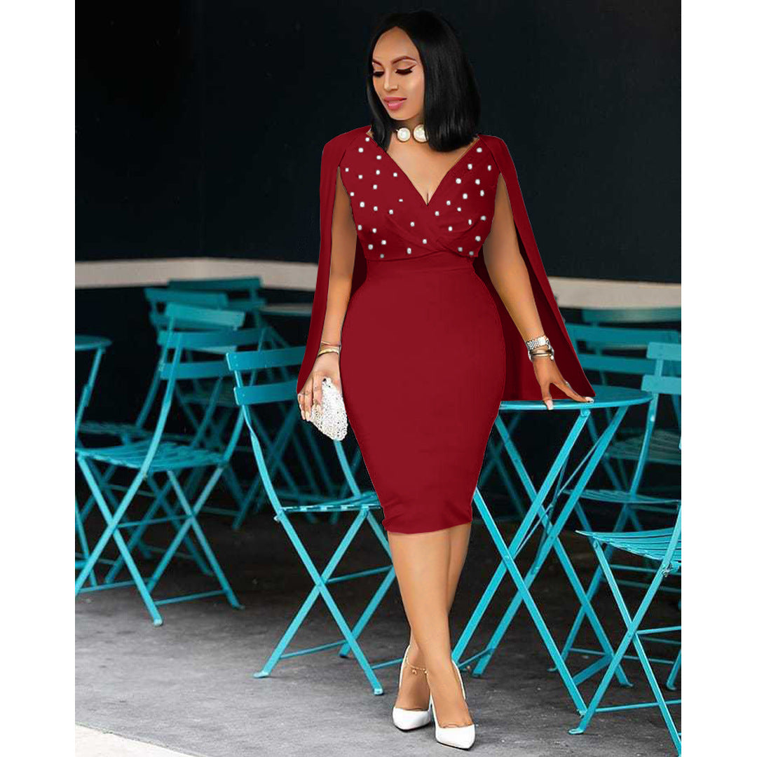 Sexy Pearls V Neck Bodycon Cloak Dress ASL 6507