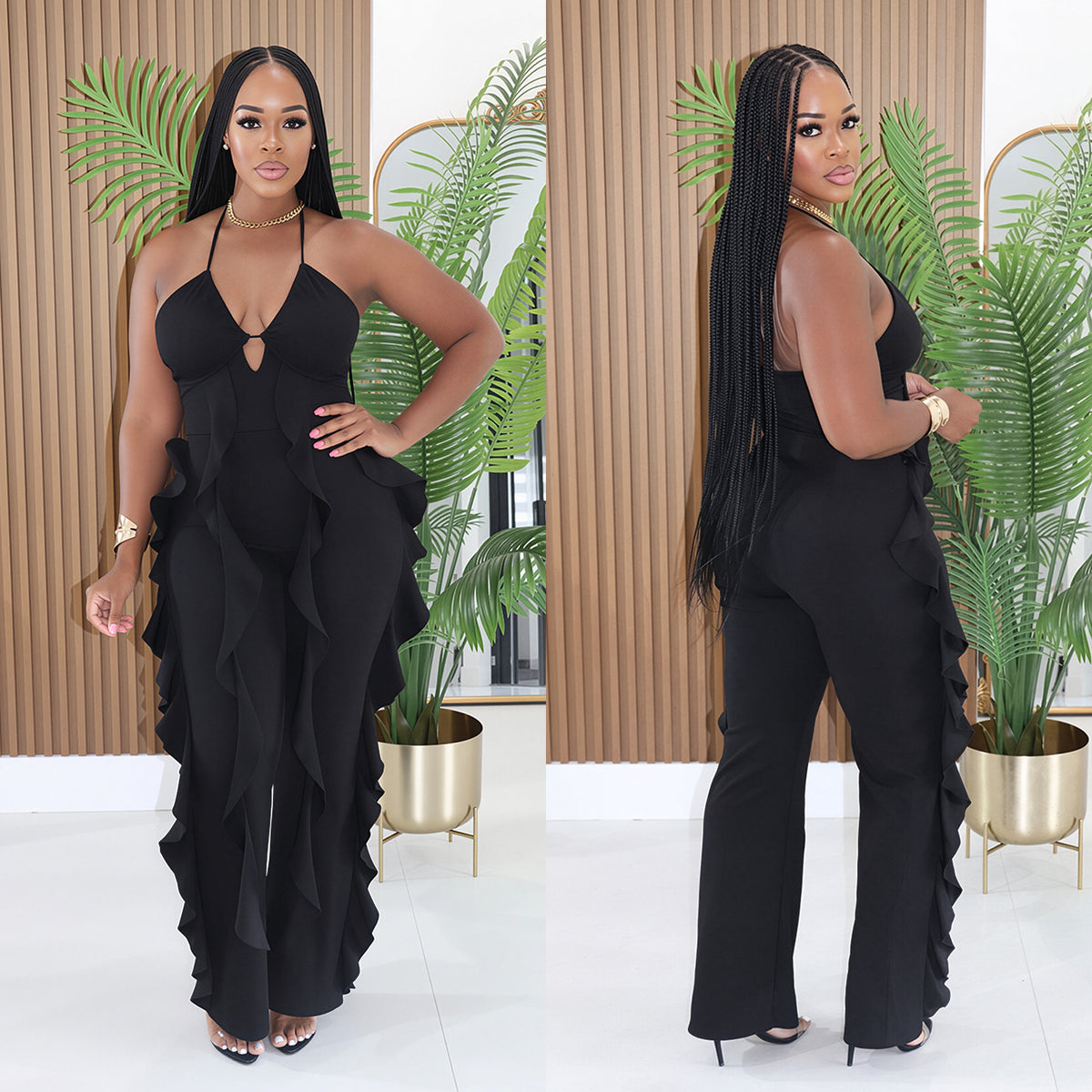 Halterneck V Neck Ruffles Sling Jumpsuit BY 7836
