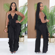 Halterneck V Neck Ruffles Sling Jumpsuit BY 7836