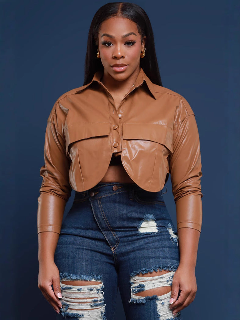 Fashion Long Sleeve Lapel PU Leather Coat BS 1374