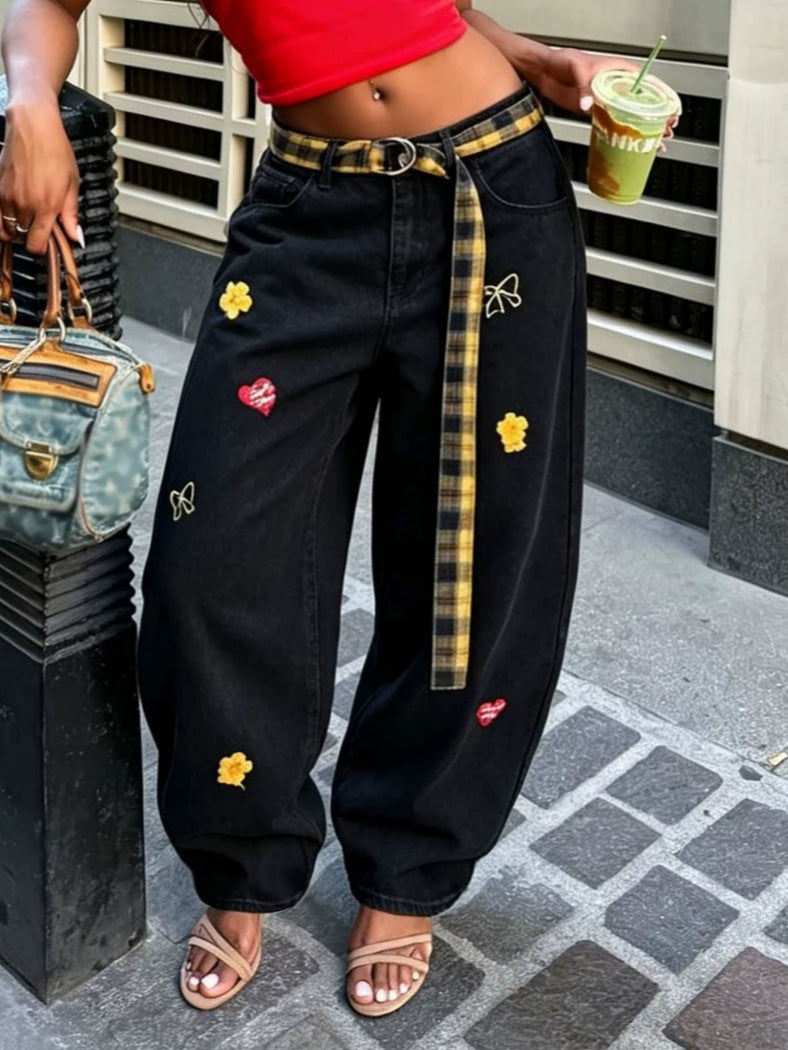 Plus Size Detachable Plaid Printed Belt Embroidered Jeans GYLN 0844