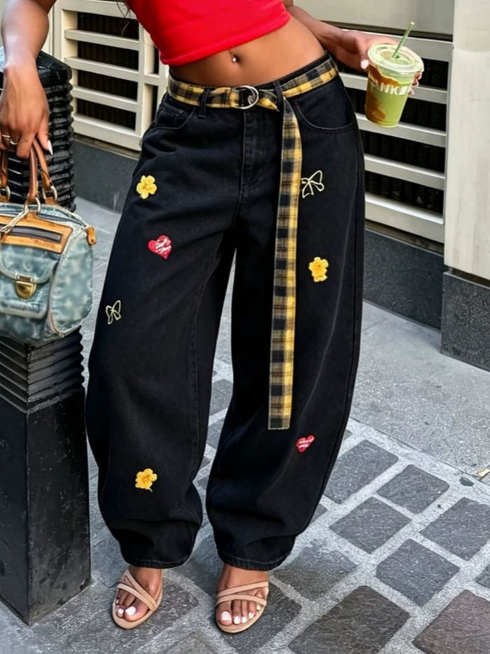 Plus Size Detachable Plaid Printed Belt Embroidered Jeans GYLN 0844