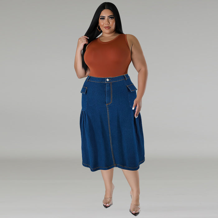 Plus Size Casual Loose Solid Denim Half Body Skirt GDAM 218608