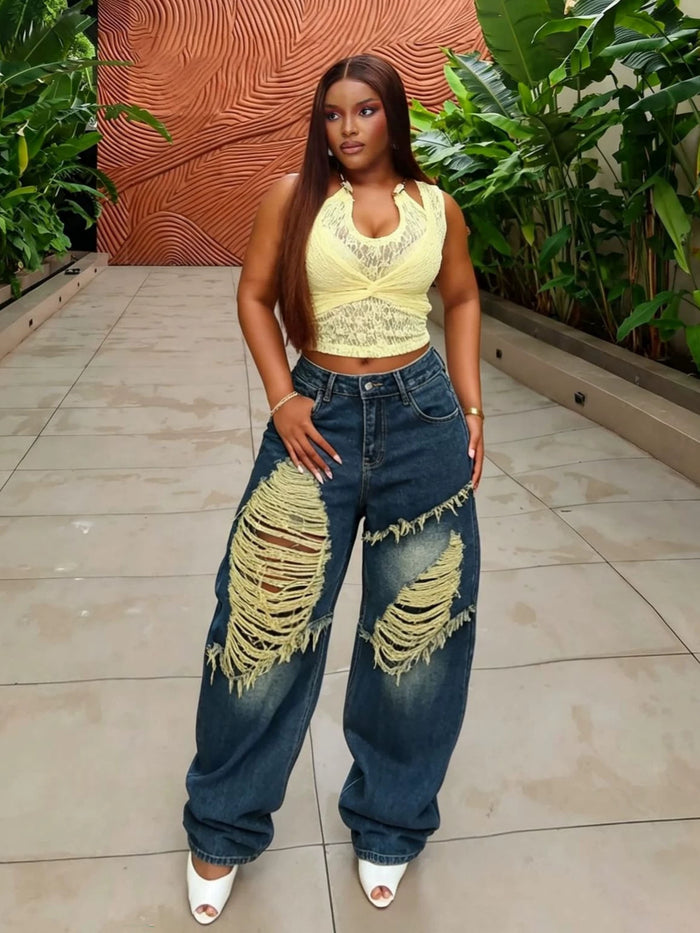 Plus Size Wash Holes Loose Jeans GYLN 0391