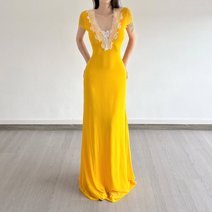Lace Patchwork V Neck Maxi Dress GPKJ MR50156