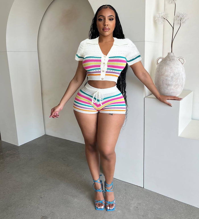 Stripe Knits Two Piece Shorts Set QXTF 83028