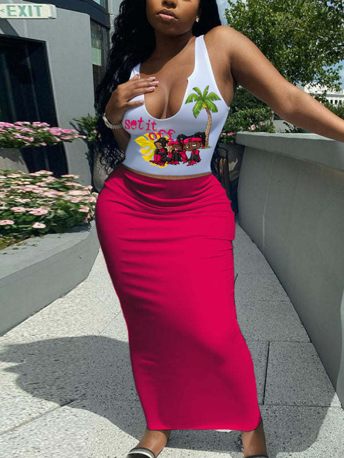 Summer Print Vest Long Skirt 2 Piece Set GXJL 032