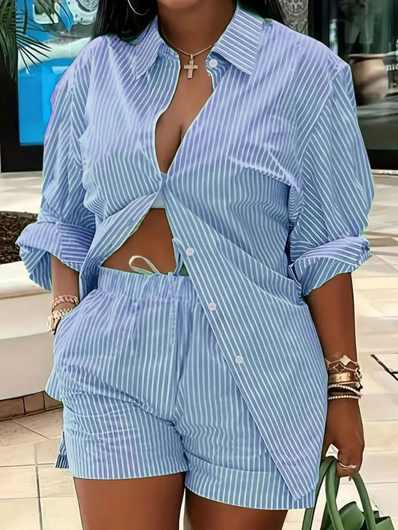 Plus Size Long Sleeve Stripe Print Shirt Shorts 2 Piece Set HNIF DHN124