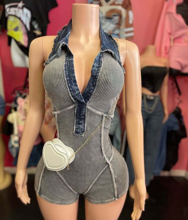 Lapel Sleeveless Denim Romper MEM 88630
