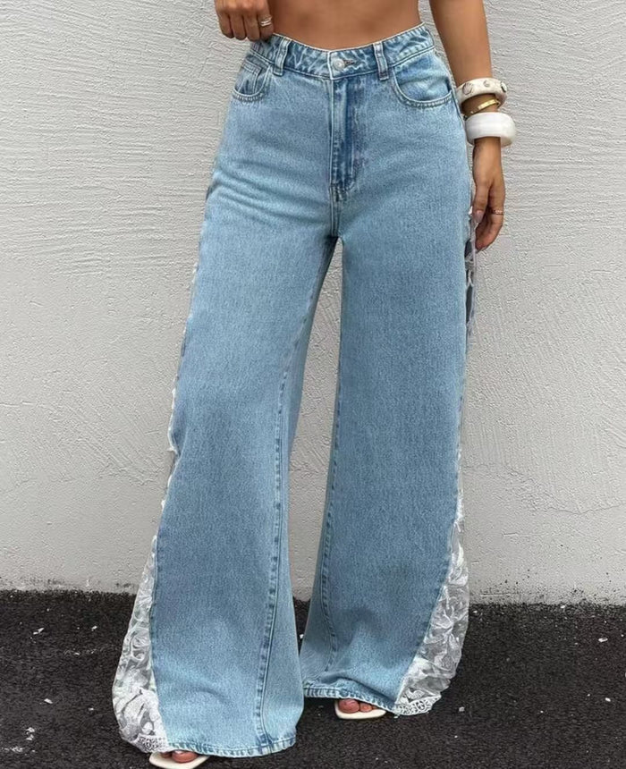 Lace Patchwork Denim Wide Leg Jeans OD 8785