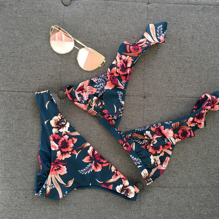 Floral Print Ruffled Bikini Two Piece Sets CASF 8743