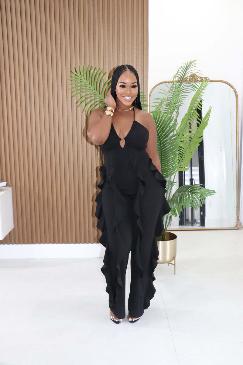 Halterneck Deep V Neck Ruffles Jumpsuit GTYZ 7626