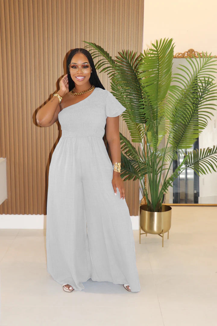 Solid Color Slash Shoulder Loose Jumpsuit XHXF 483