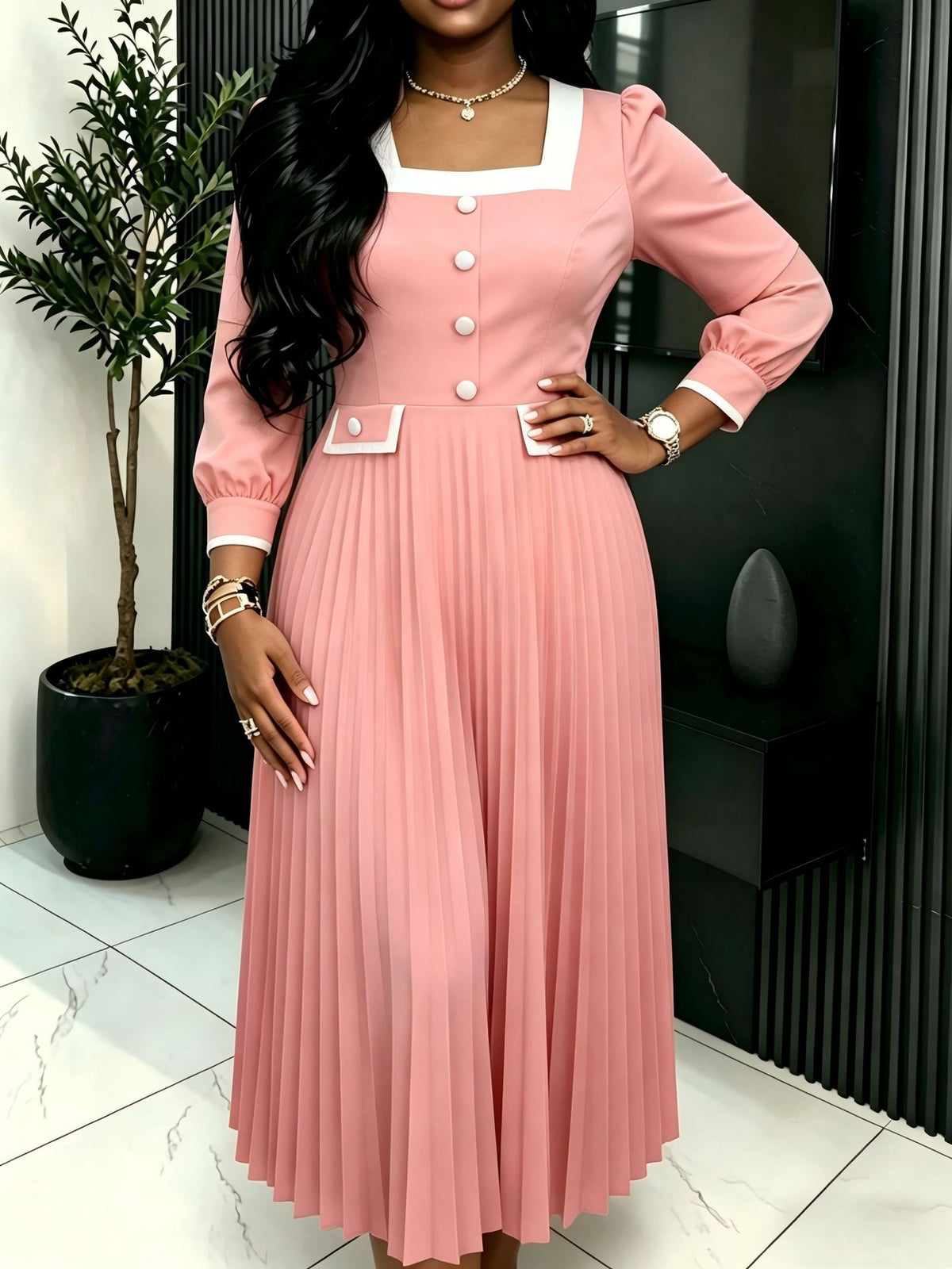 Plus Size Single Breasted Square Neck Maxi Dress GKEN AM041206