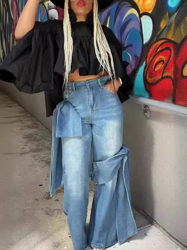 Fashion Patchwork Bow Wide Leg Jeans GSYI S88081