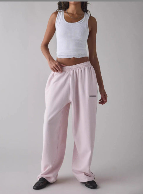 Solid Color Embroidery Loose Sport Pants QOUY 6067