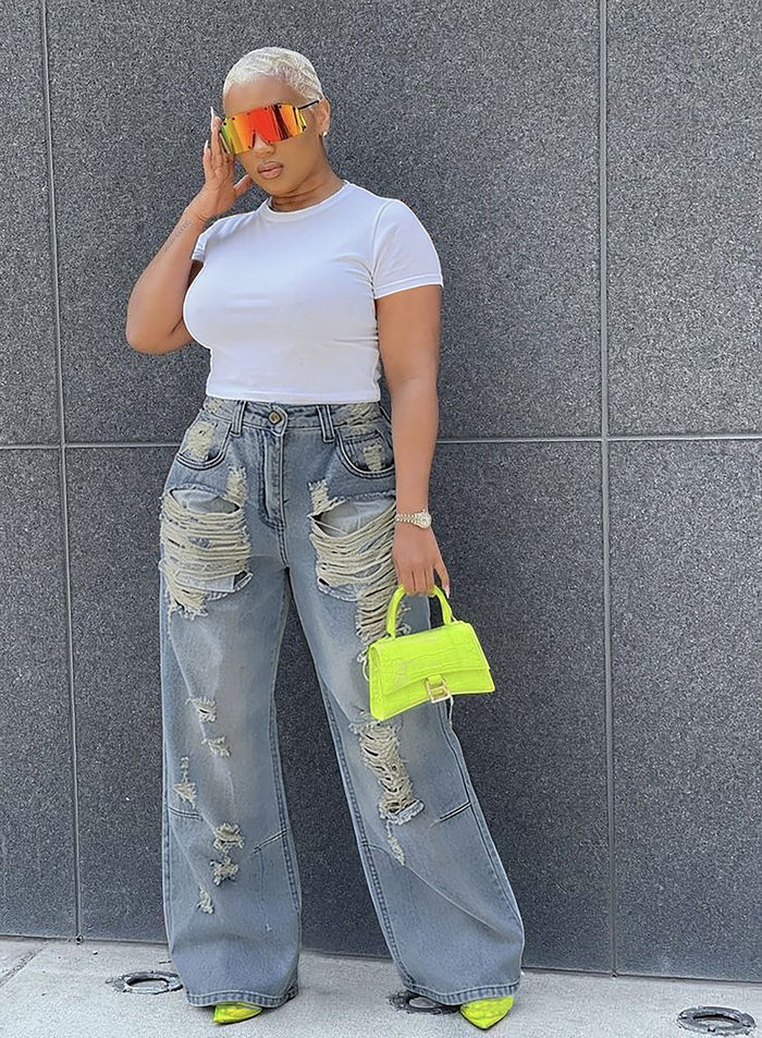 Plus Size Fashion Holes Washed Straight Jeans GYLN 5000