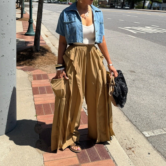Solid Color Patchwork Wide Leg Pants AIL 350