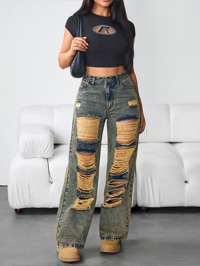 Retro Ripped Loose Straight Jeans GYXN 66288
