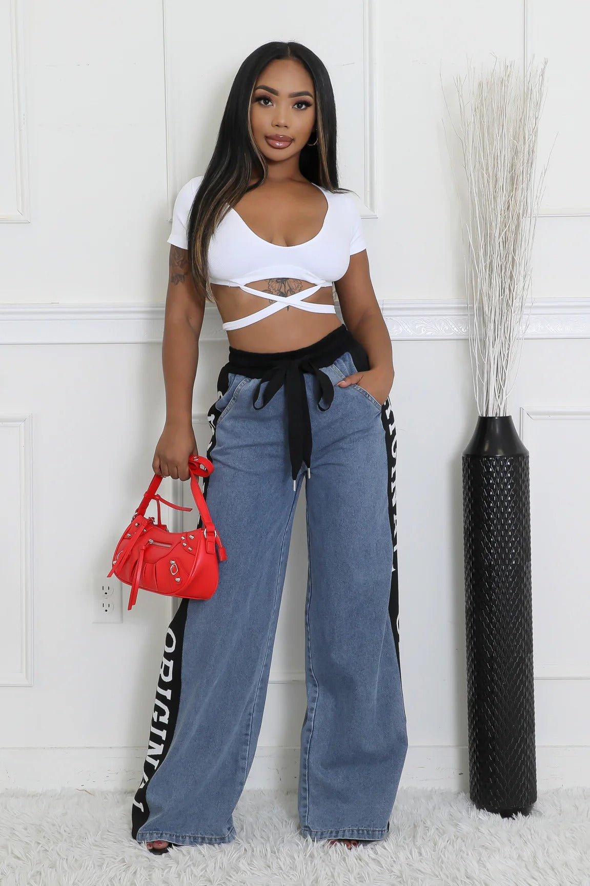 Splicing Woven Wide Leg Jeans YUMT YMT419