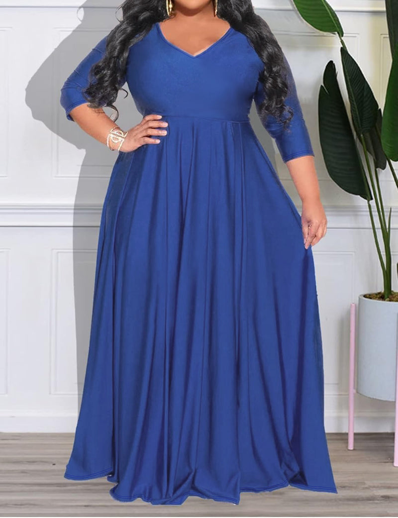 Plus Size Long Sleeve V Neck Maxi Dress GAWE 6455
