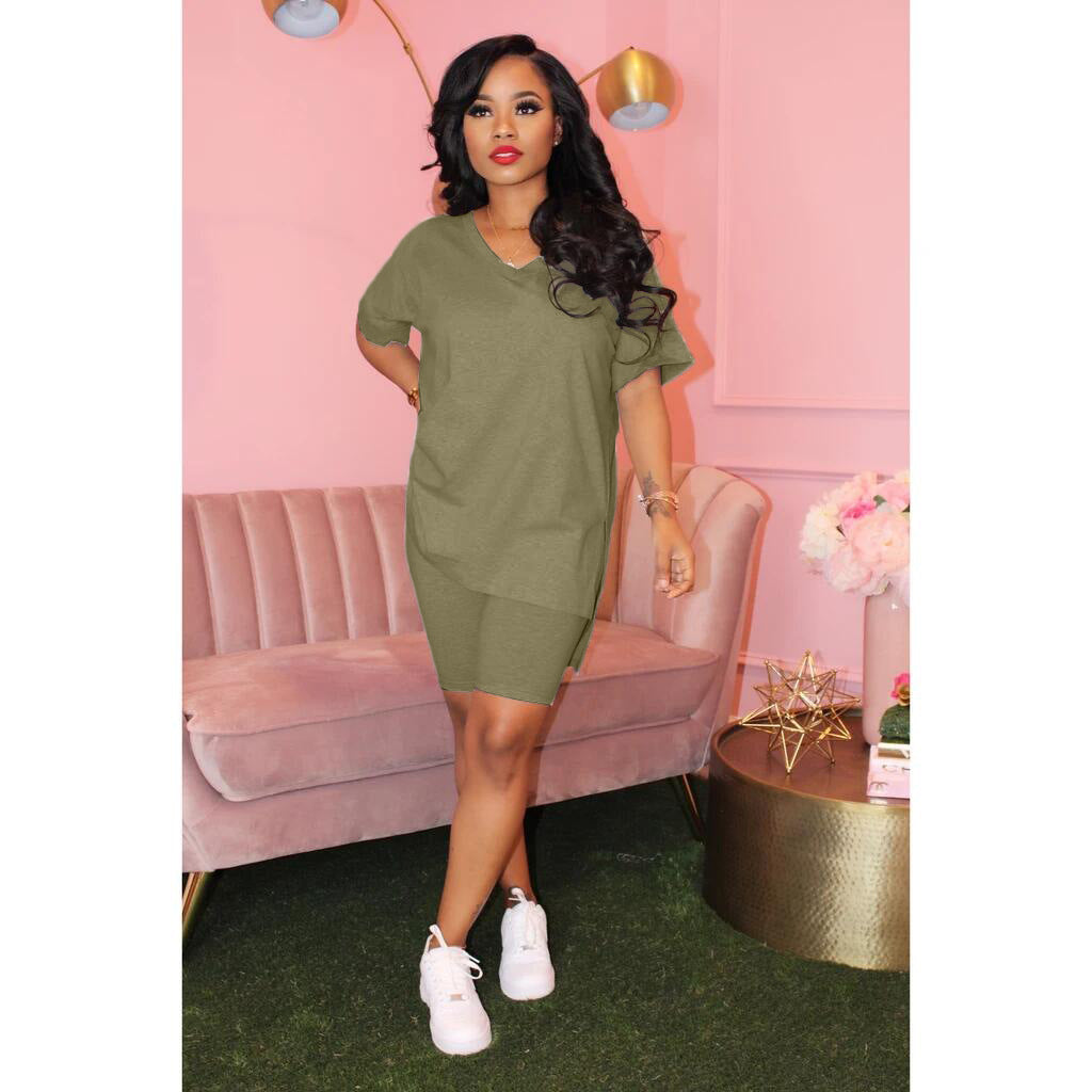 Solid V Neck T Shirt Shorts Two Piece Sets XMY 9239
