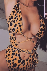 Leopard Print Cutout Tie Up One Piece Swimsuit CSYZ A992