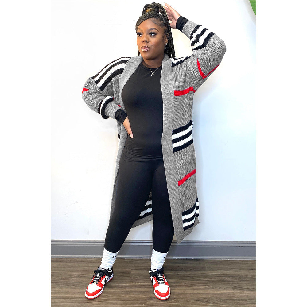 Plus Size Stripe Knits Long Coats QYXZ 9100