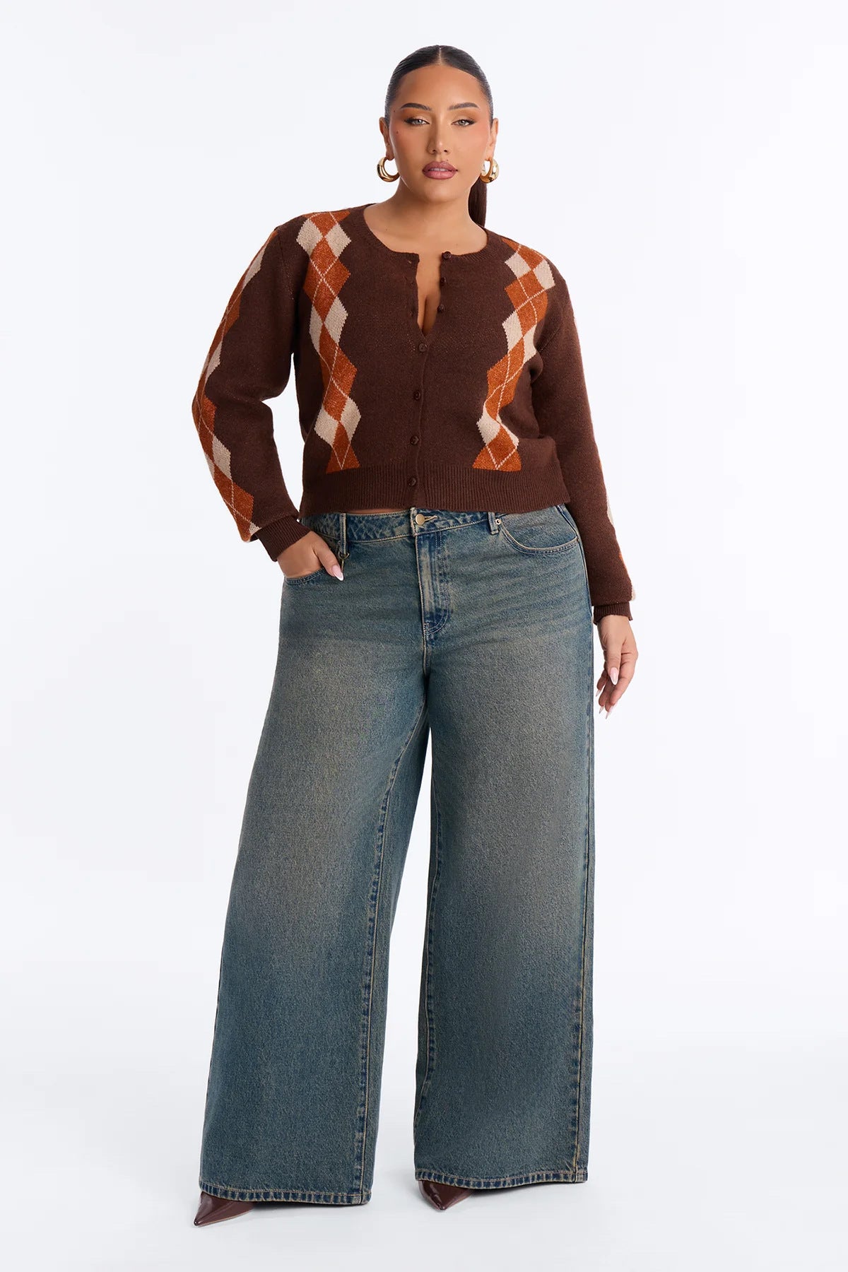 Plus Size Diamond Plaid Color Blocked Sweater Coats YMEF 59125