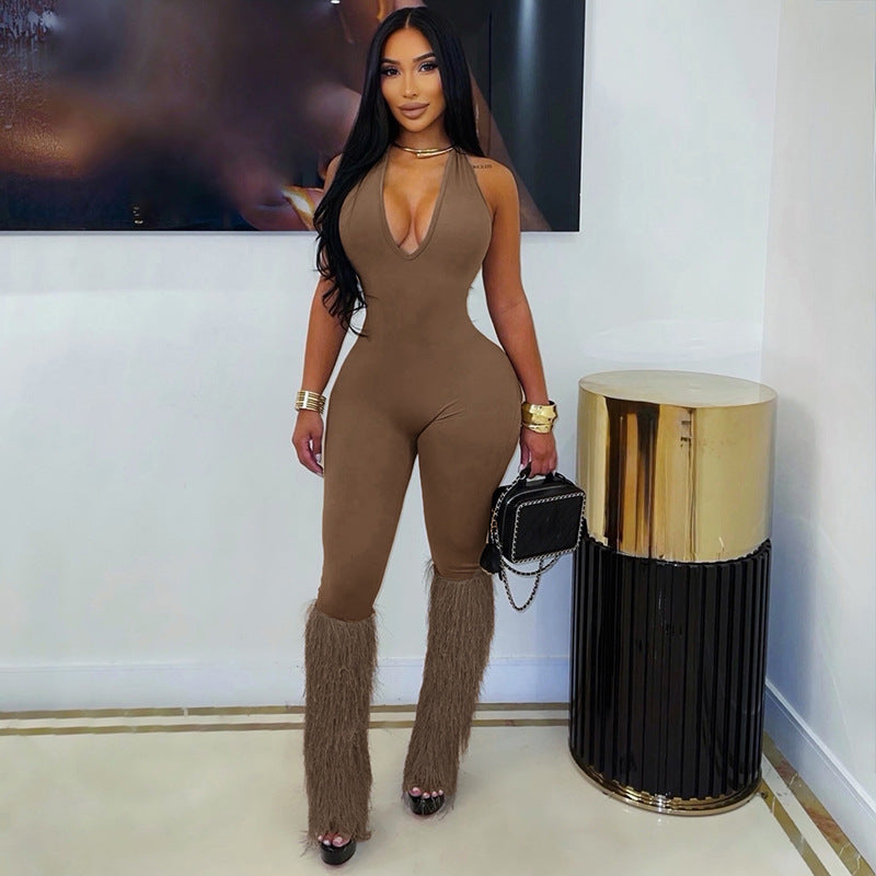 Solid Color Halterneck Tassel Jumpsuit GSZM C26JP289