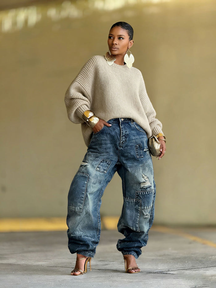 Plus Size Holes Patchwork Washed Loose Jeans GYLN 0044