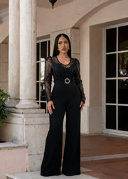 Mesh Embroidery Belt Wide Leg Jumpsuit LA 6006