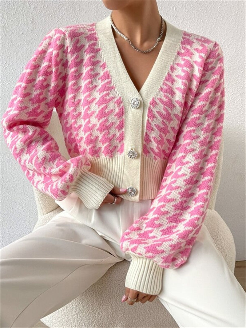 Houndstooth Patterned Knit Cardigan Coat GZYF 1087