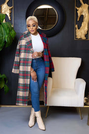 Plaid Color Blocking Long Sleeve Long Coat ZDF 31303