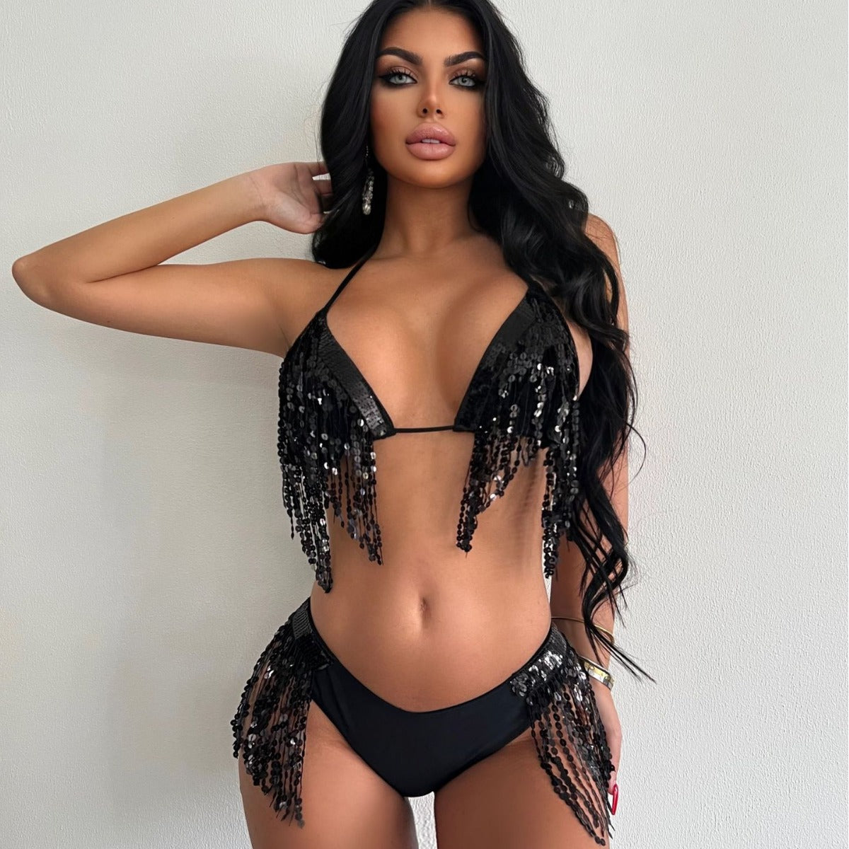 Black Sequin Tassel Bikinis Two Piece Swimsuit DYSC DY22A91YYB072813